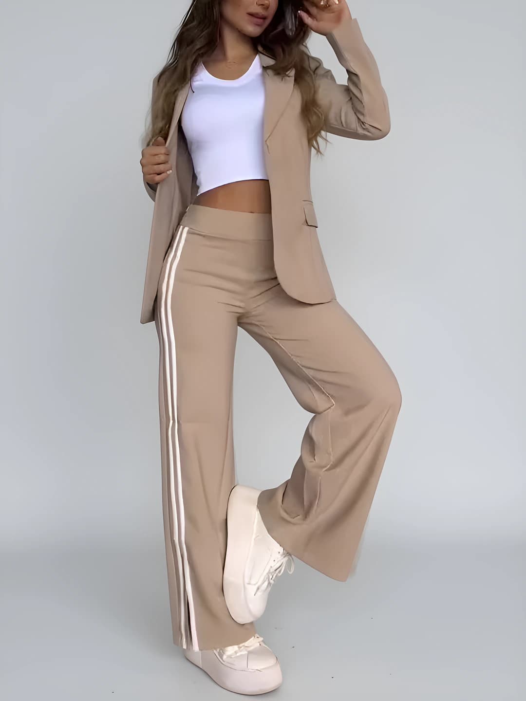 Women's 2026 autumn-winter casual blazer and wide-leg trousers set, striped/checked pattern, long sleeve, lapel collar