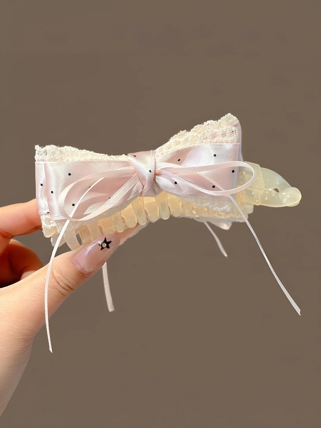 Pink polka dot lace banana clip ~13 cm