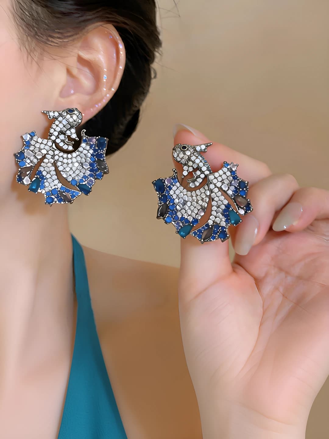 Women's retro style earrings with zircon and koi fish design