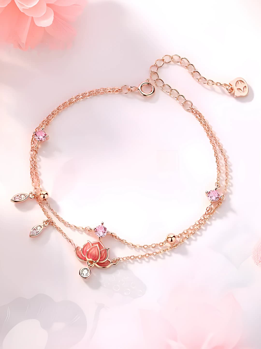 Women's double-layer anklet with lotus flower design element, copper, ins style