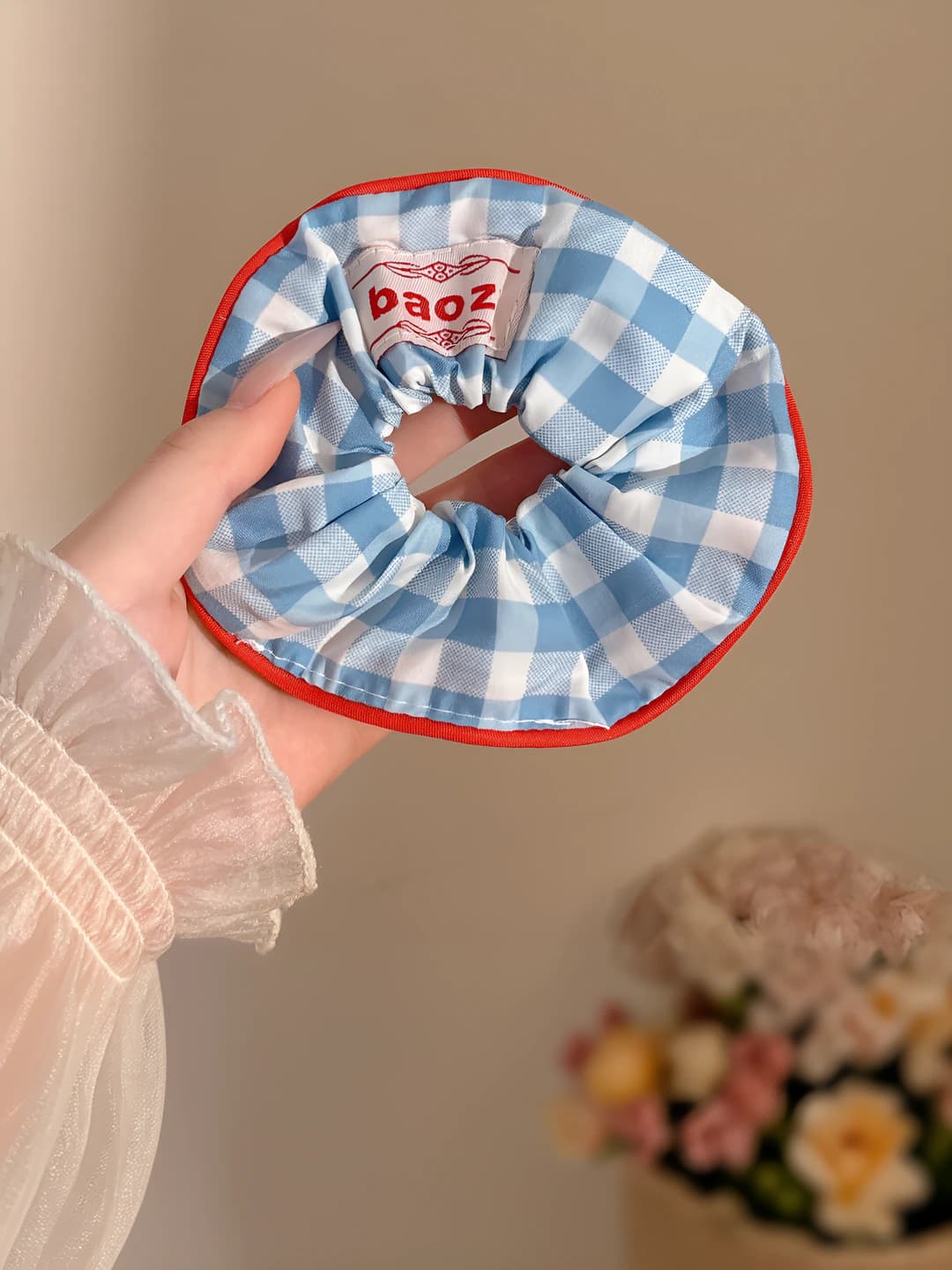 Blue plaid scrunchie ~14 cm