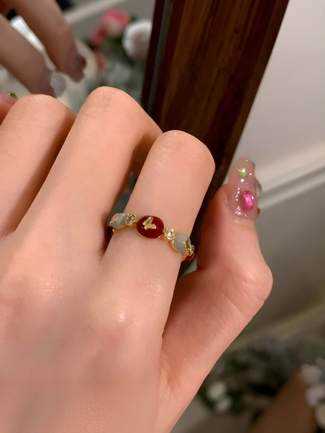 Women's red zirconia ring, retro style, adjustable, butterfly design