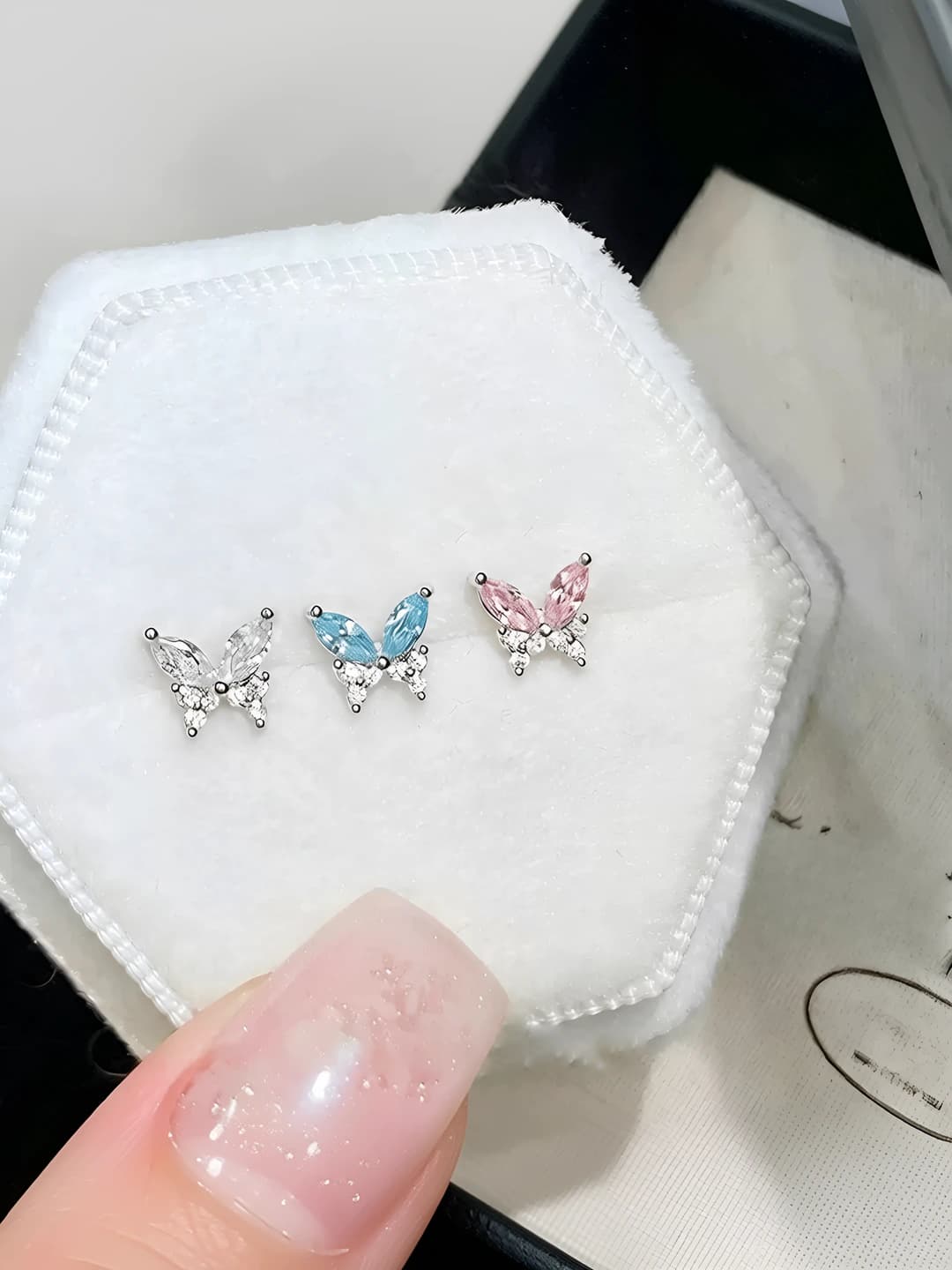 316L titanium steel butterfly stud earrings with light blue zirconia