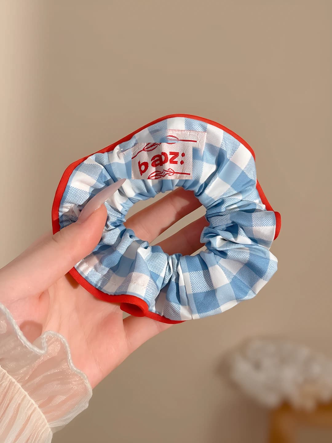 Blue plaid scrunchie ~12 cm