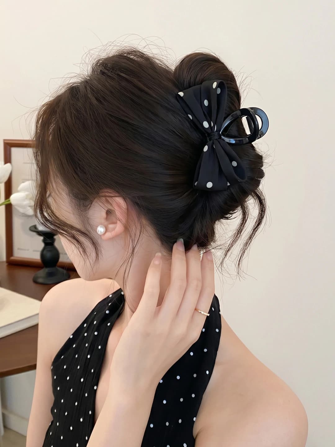 Black polka dot bow clip 8 cm
