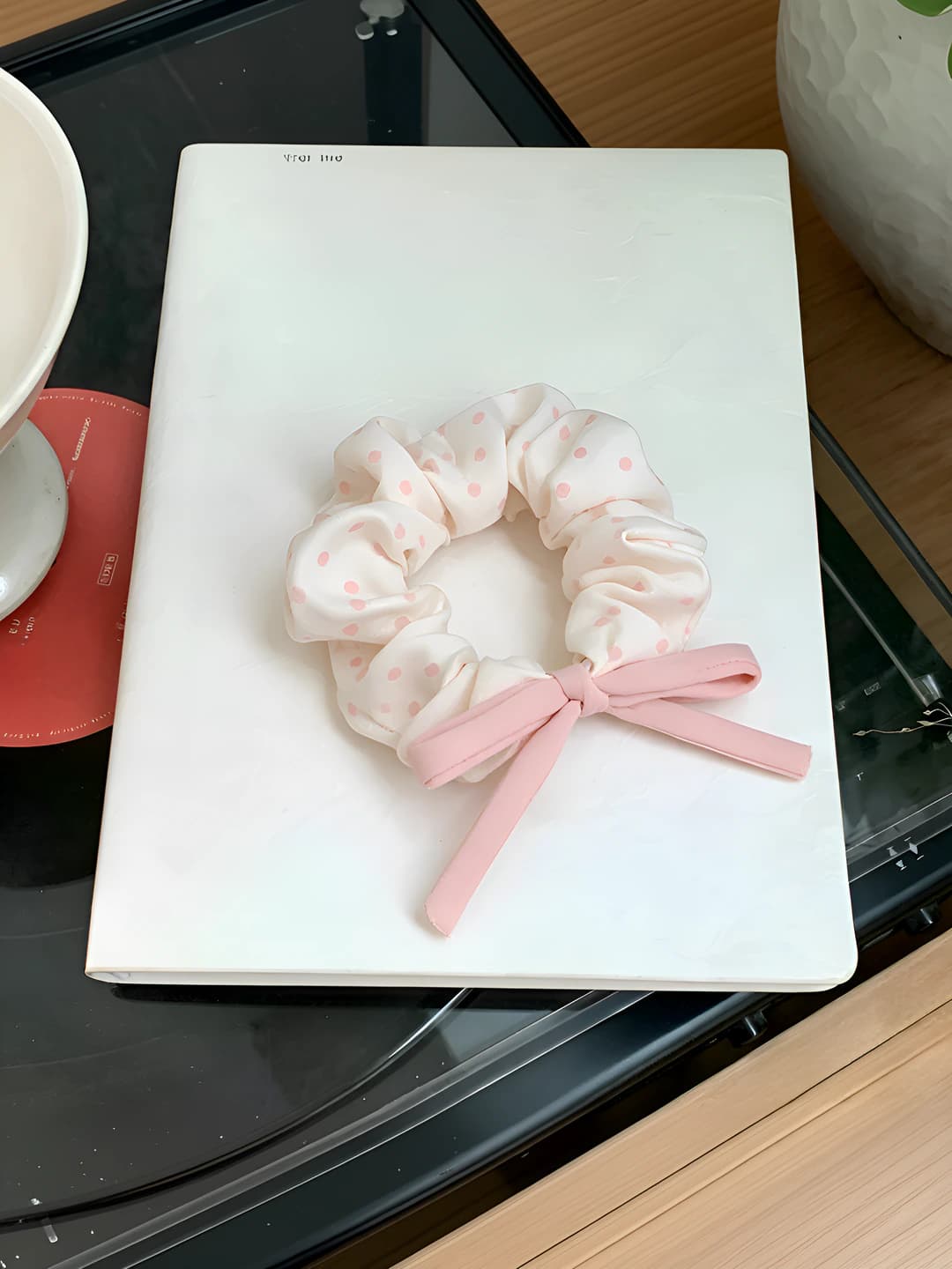 Pink polka dot hair tie