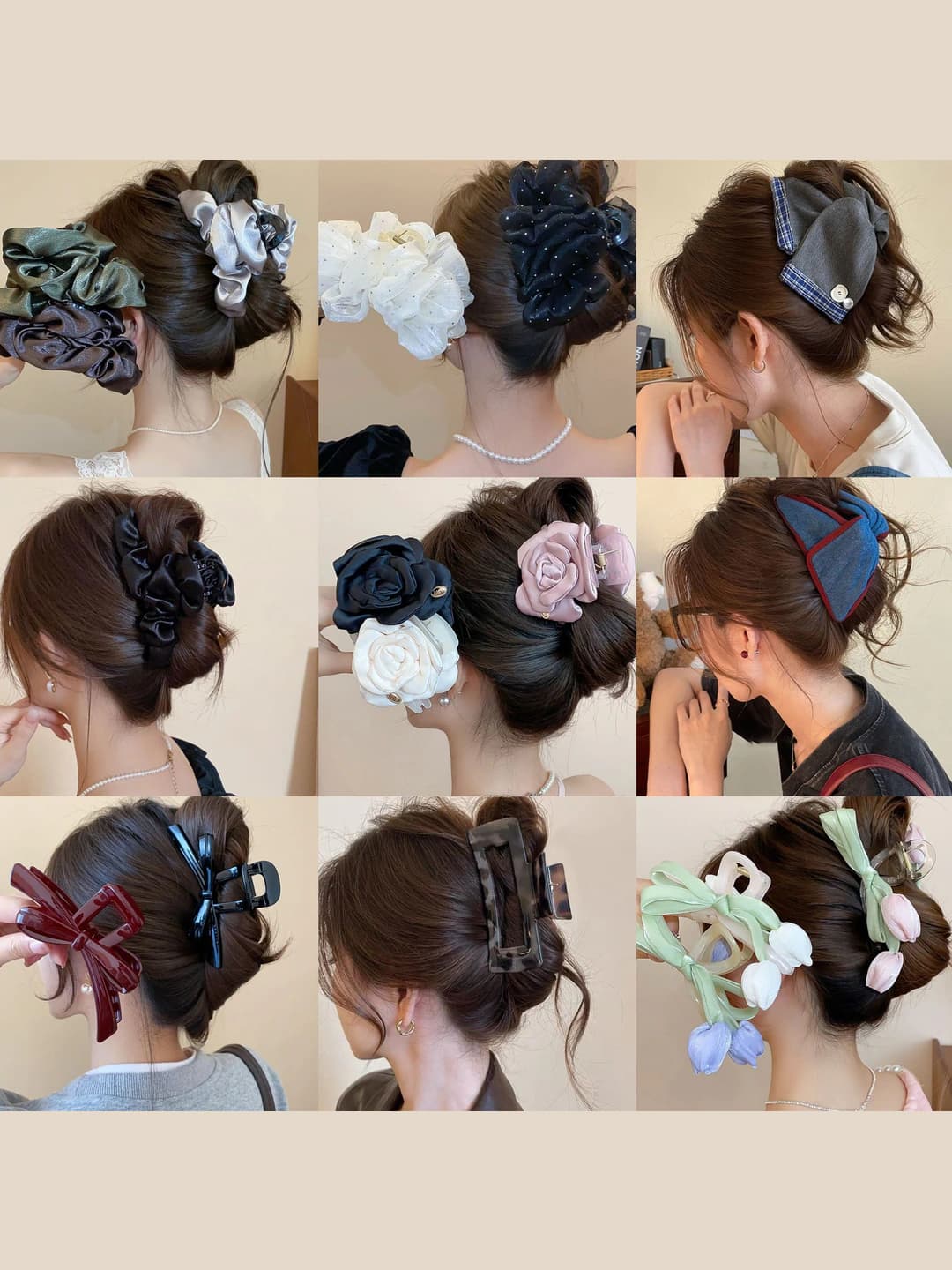 Women's hair clips and combs: acrylic and fabric with flower design, handmade, casual style
