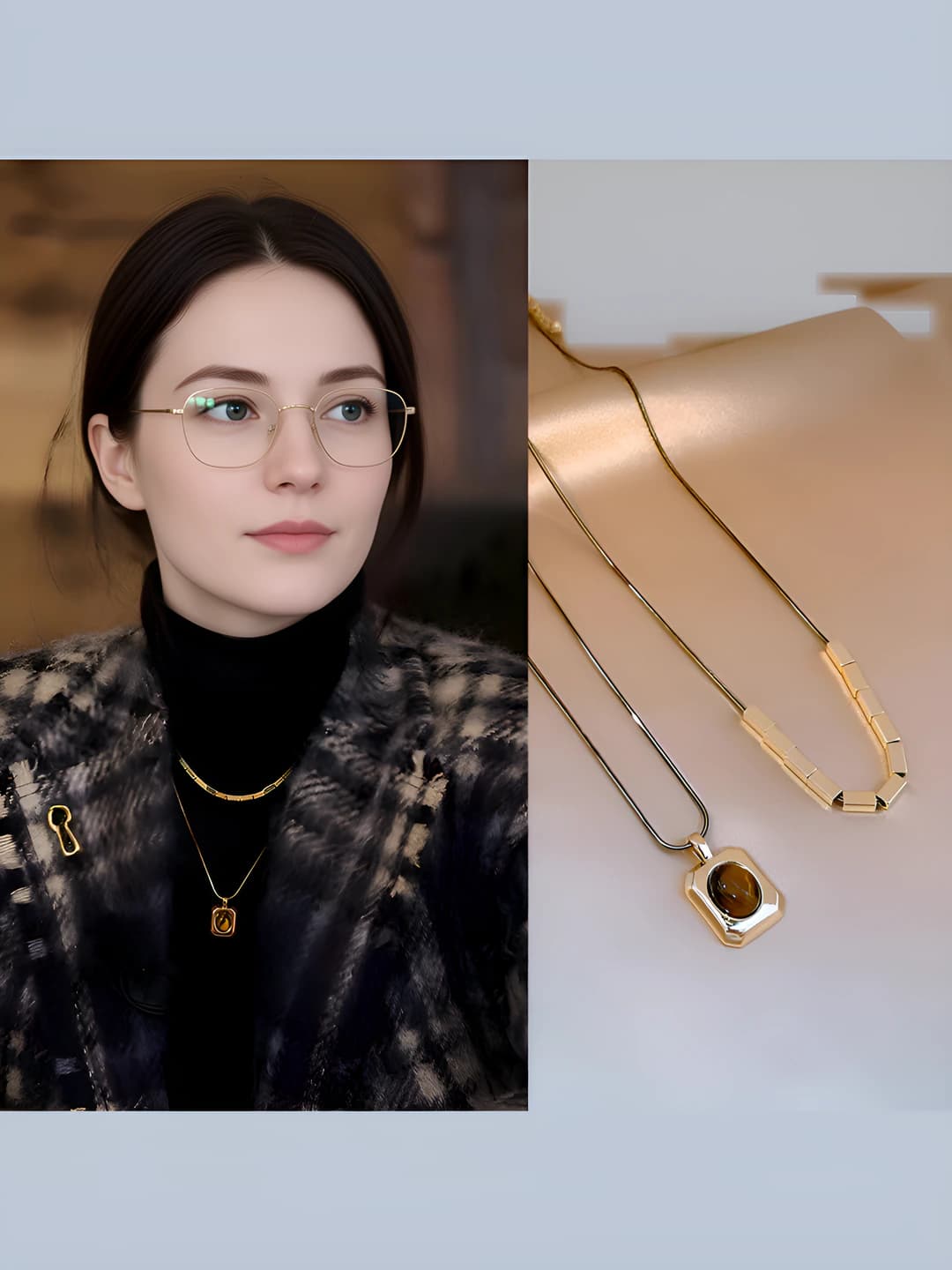 Women's tiger eye pendant necklace with elliptical shape on a sweater chain, simple and fashionable, light luxury style neckwear