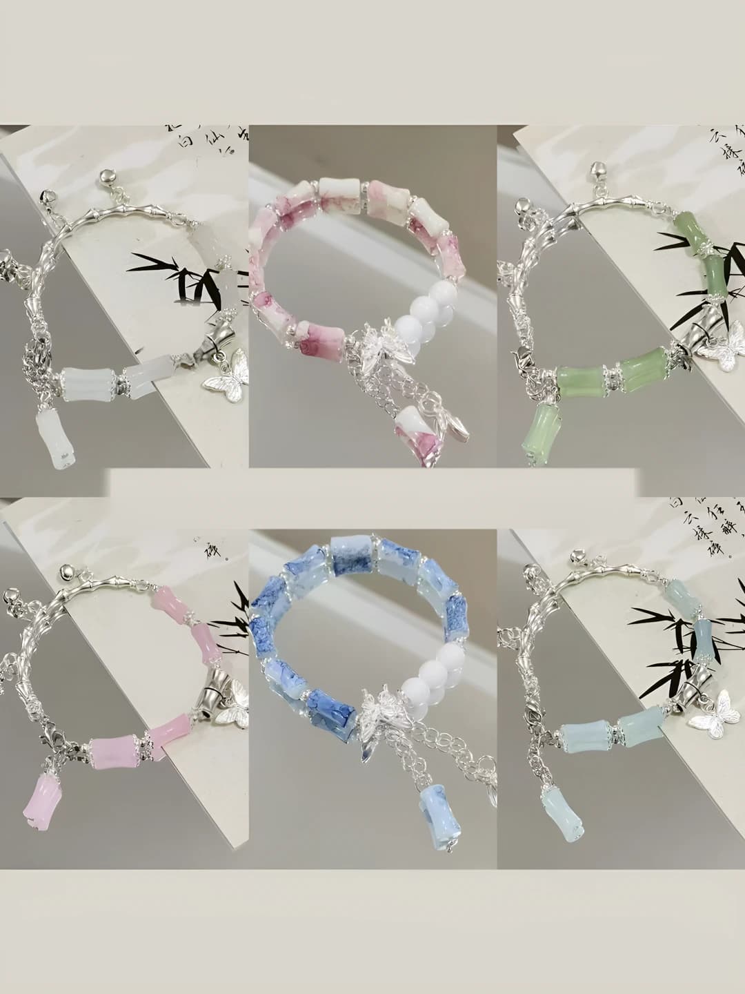 Women's handcrafted glass and glaze beaded bracelet with bamboo node design element in cartoon style