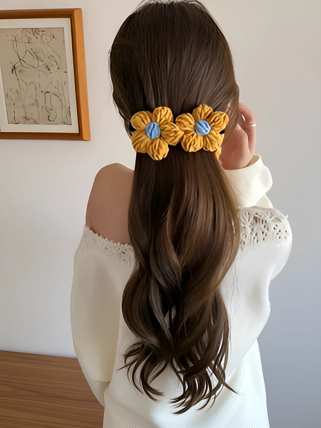 2# Жёлтый с опавшими листьями и цветами банановый зажим - дно ~13cm цветы ~6.5*6.5cm