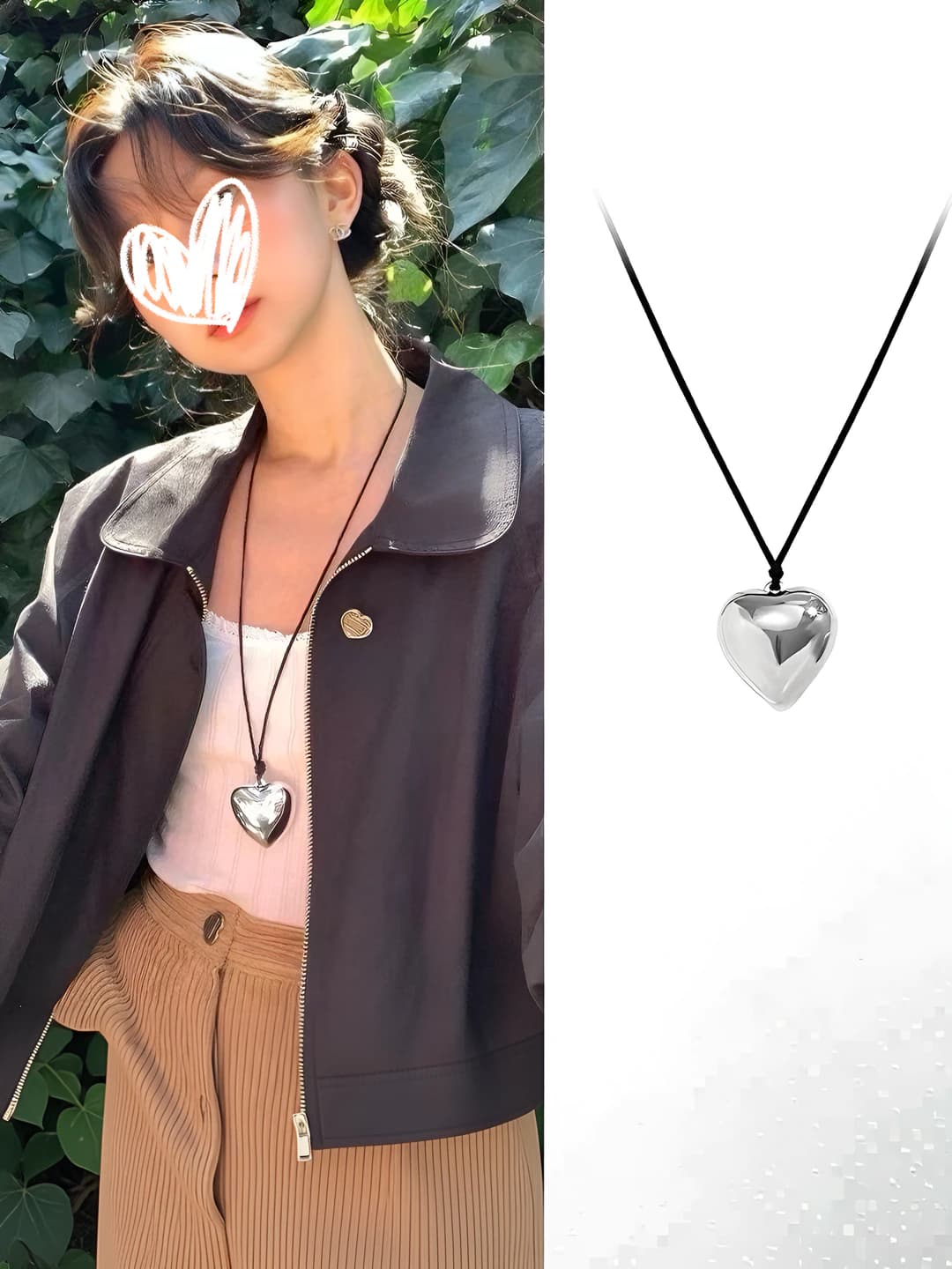 Серебряное сердце на чёрной верёвке