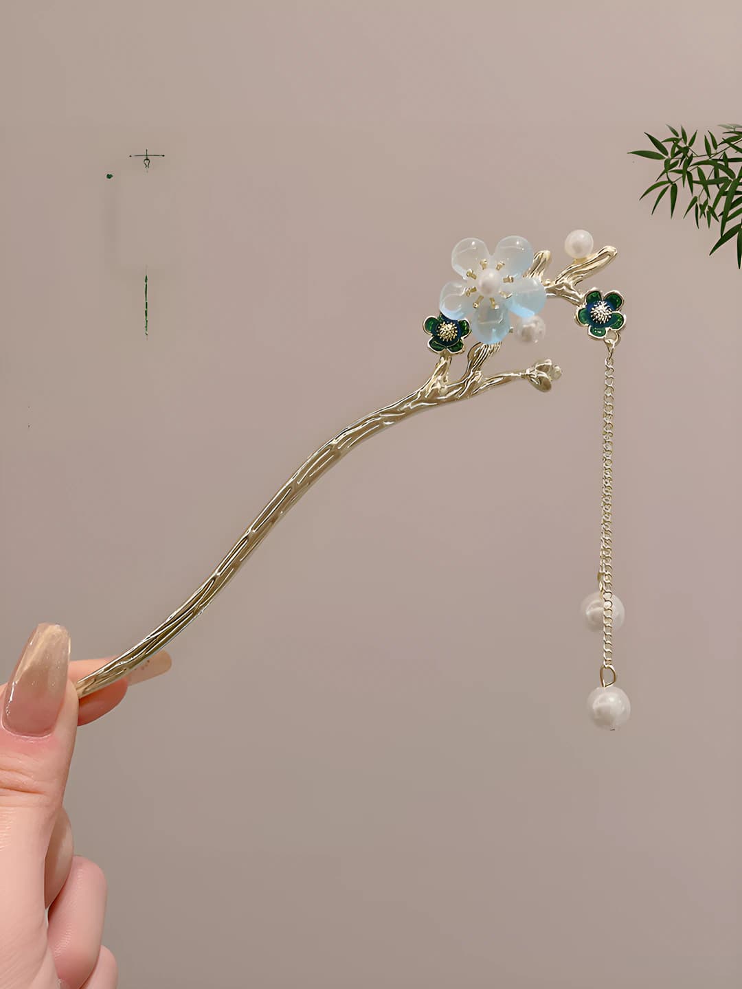 21# Plum blossom light blue single flower pearl tassel hairpin (in bag