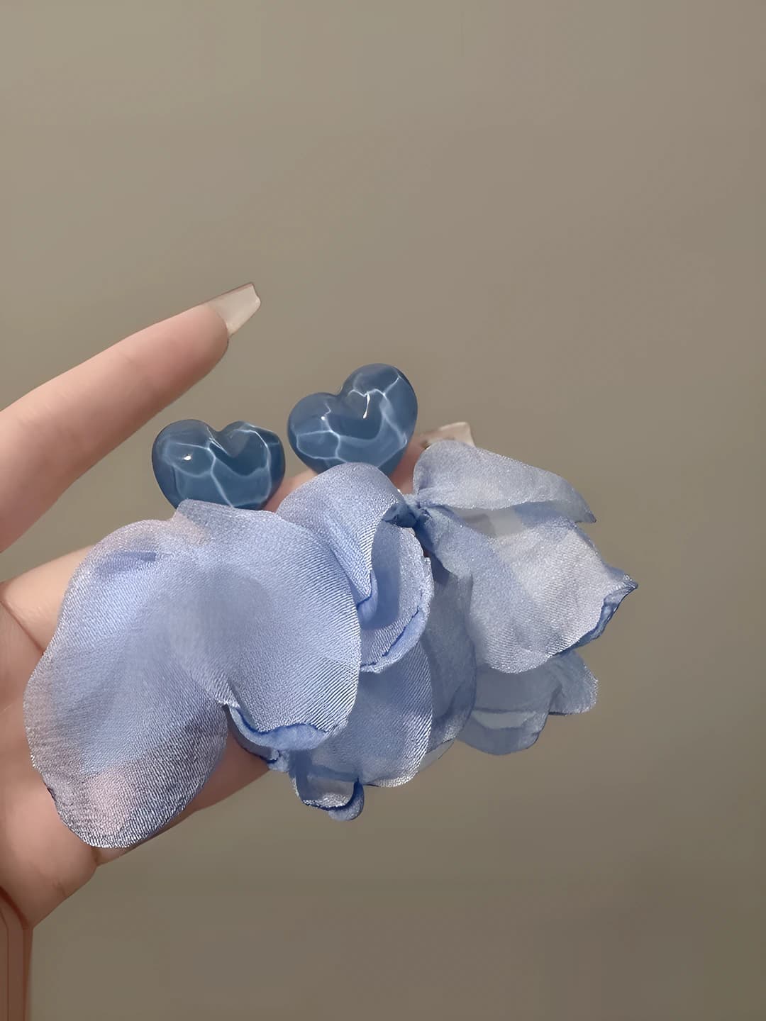 Blue chiffon heart studs