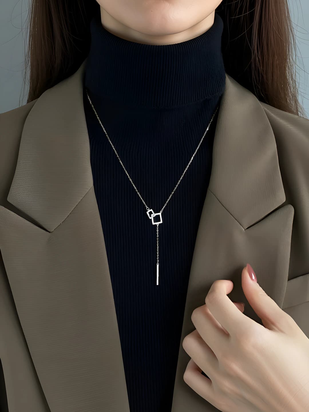 Women's geometric pendant necklace: cold style, copper, electroplated, square design element, 41-50 cm