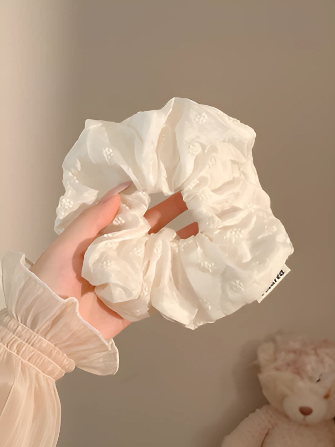 2# Off-white small floral embroidered scrunchie ~16 cm