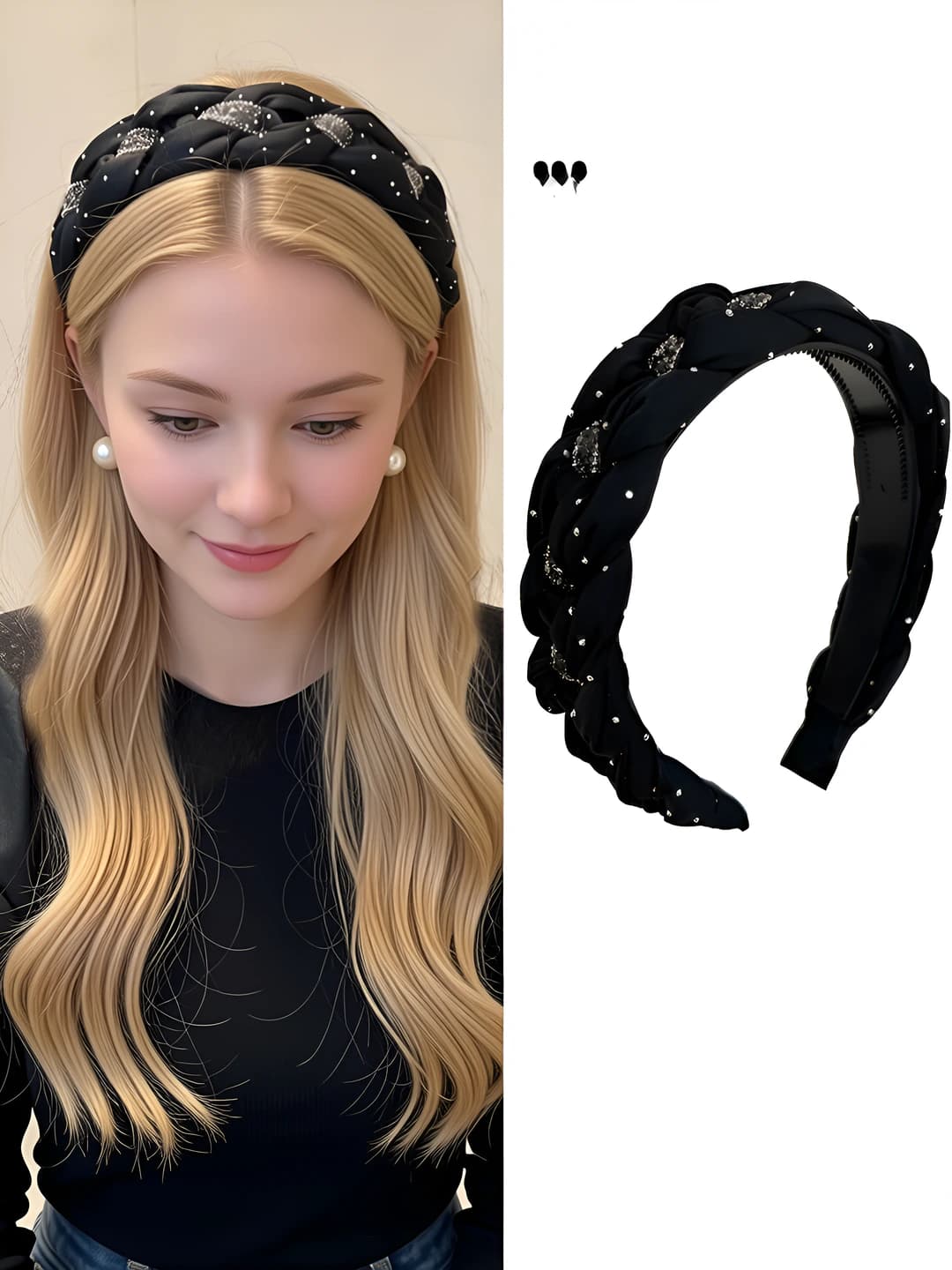 2026 women's black headband with cable knit pattern, wide edge, one design element, handmade, plush material, cartoon style