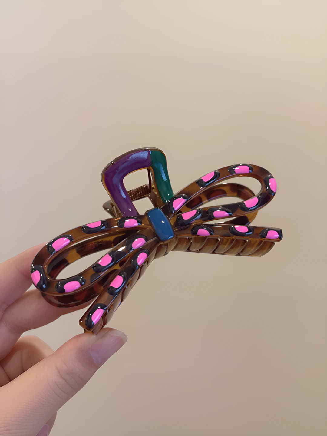 4# black-pink polka dot bow, 12 cm