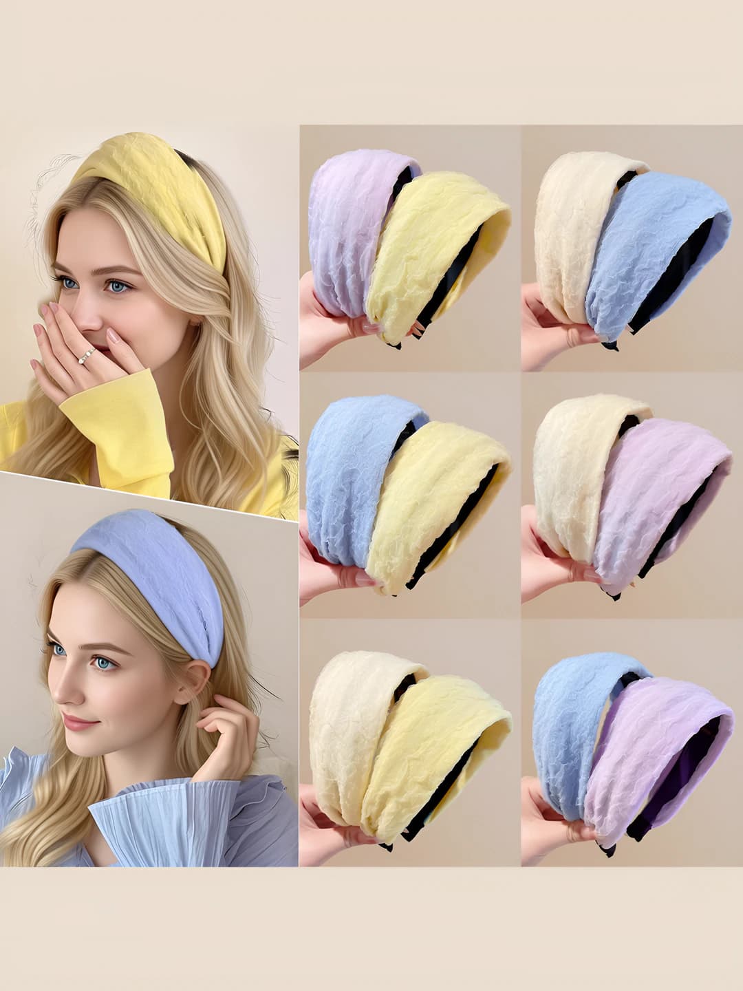 Women's wide fabric headband in Korean style, yellow, handmade, mixed material