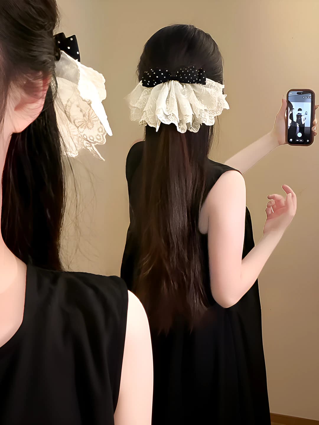 Women's hair clip with lace and polka-dot bow