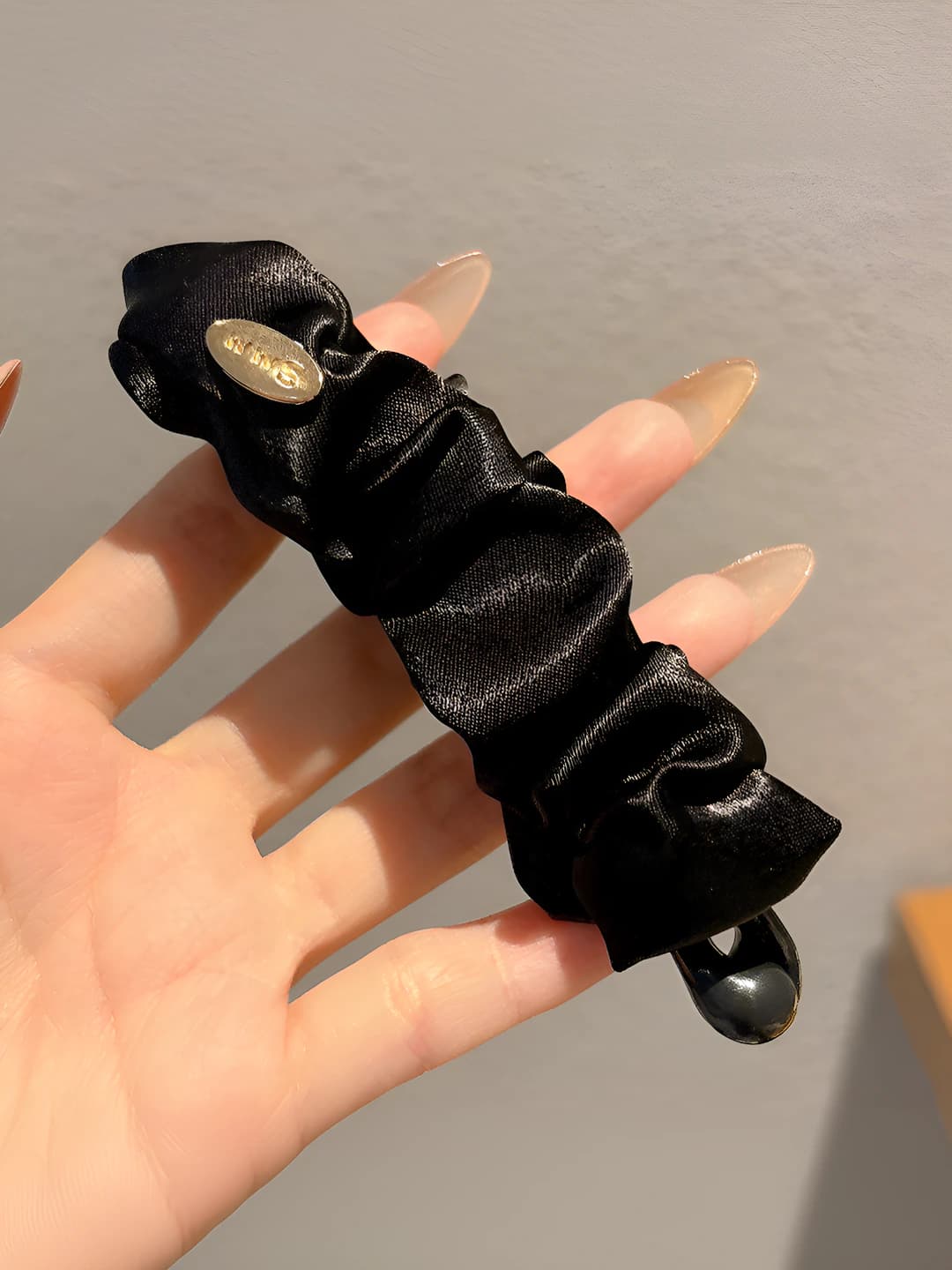 Black satin banana clip, 10 cm