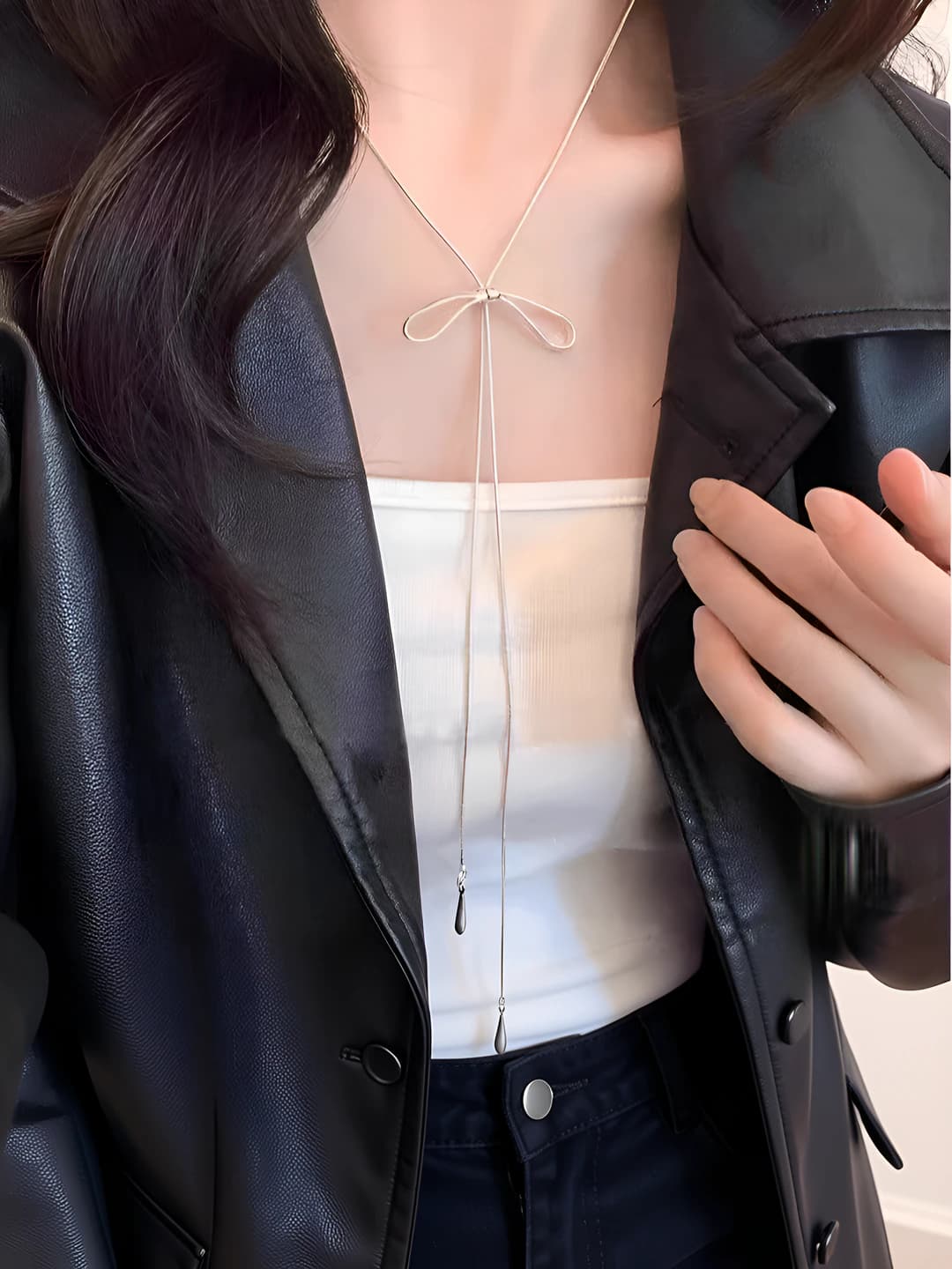 Women's long bow pendant necklace, handmade, geometric shape, 81cm and above, fairy style