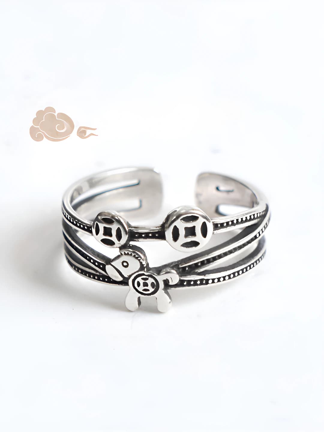 Women's open multi-band ring, retro style, bronze, black finish, design element: horse