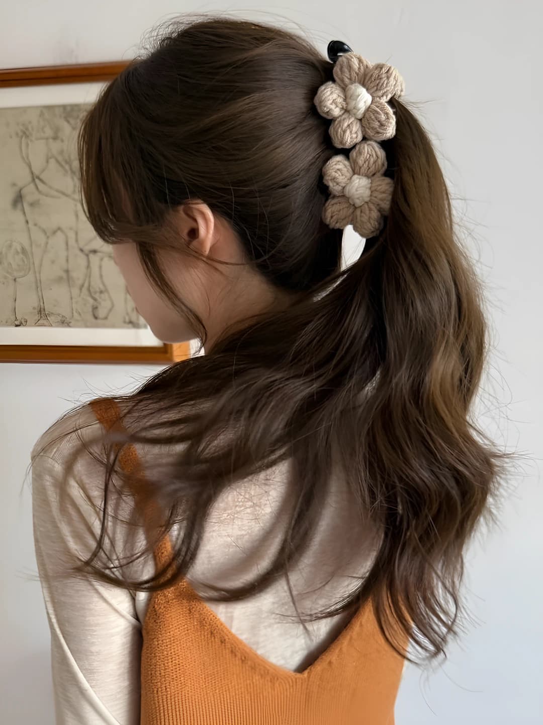 5# Milk coffee floral banana clip - base 13 cm, flowers 6.5*6.5 cm