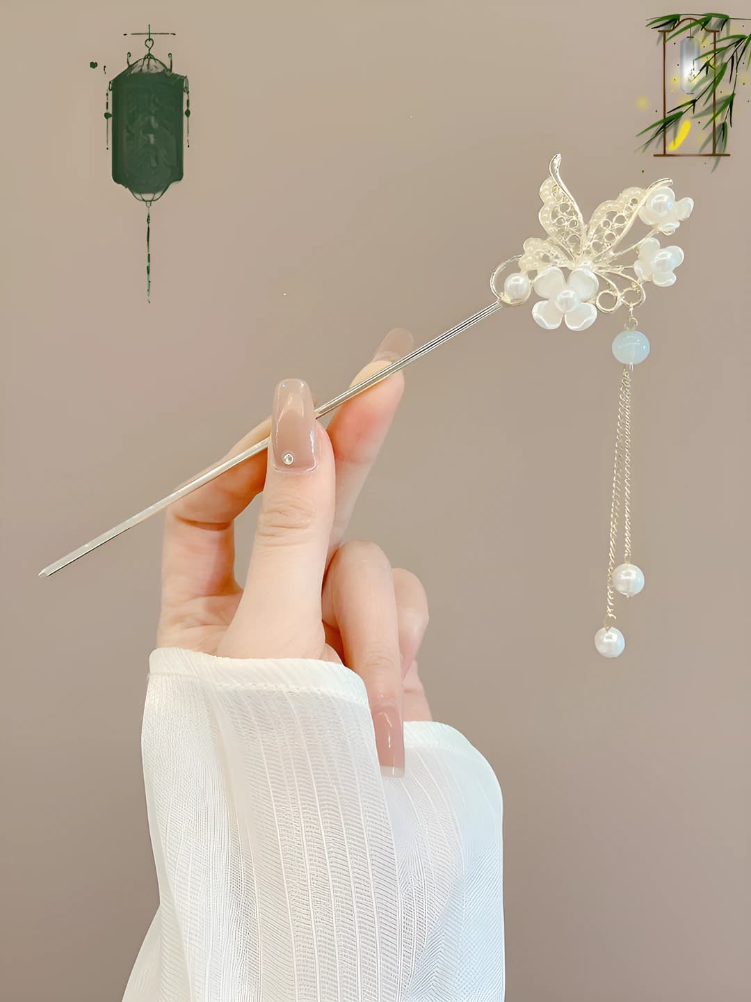 70# Butterfly pearl flower tassel hairpin - Gold