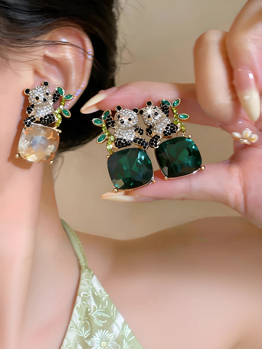 Women's retro panda square drop earrings with crystal inlay