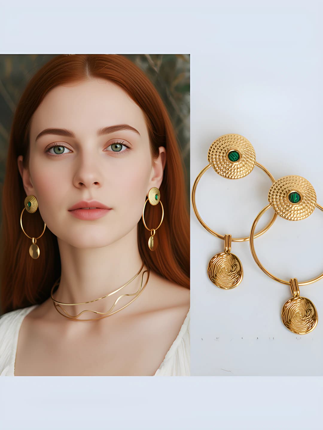 Женские серьги-кольца с круглым подвесом из малахита, 24K золотое покрытие, штифт из серебра 925