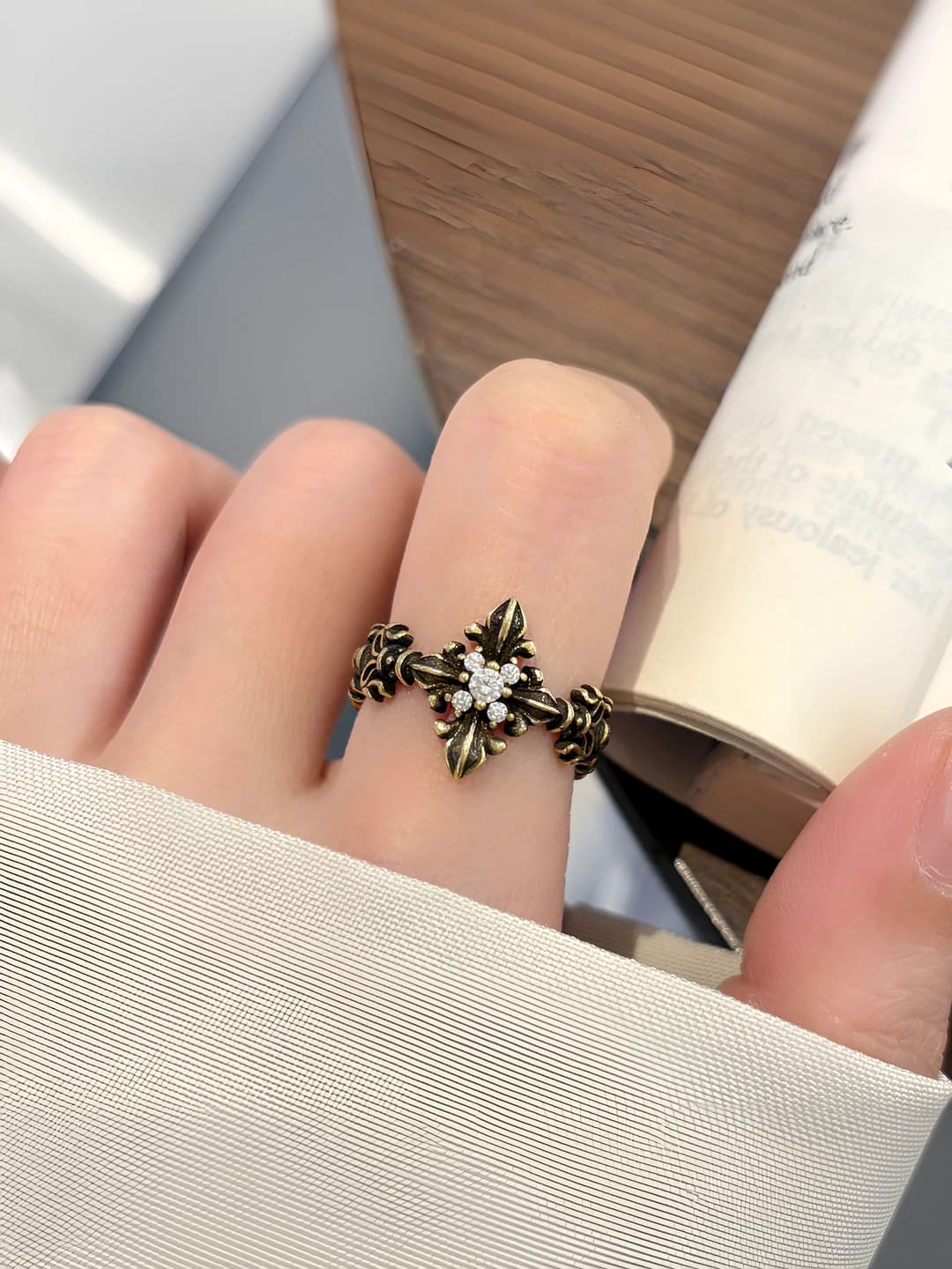 Women's silver retro style ring with aged finish, rhinestones, adjustable open design, cross shape