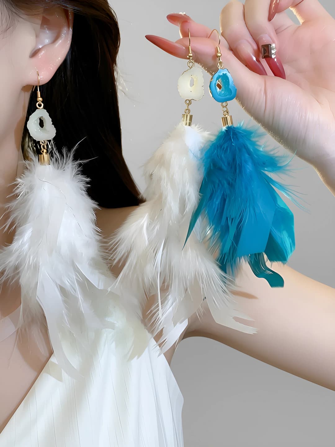 Women's feather dangle earrings in light luxury style, handmade
