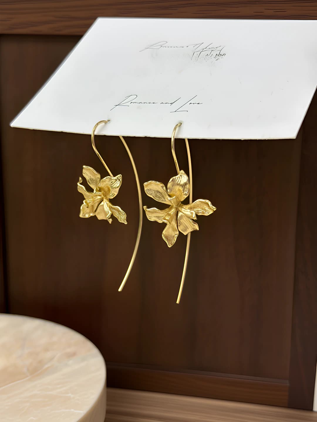Gold iris flower earrings
