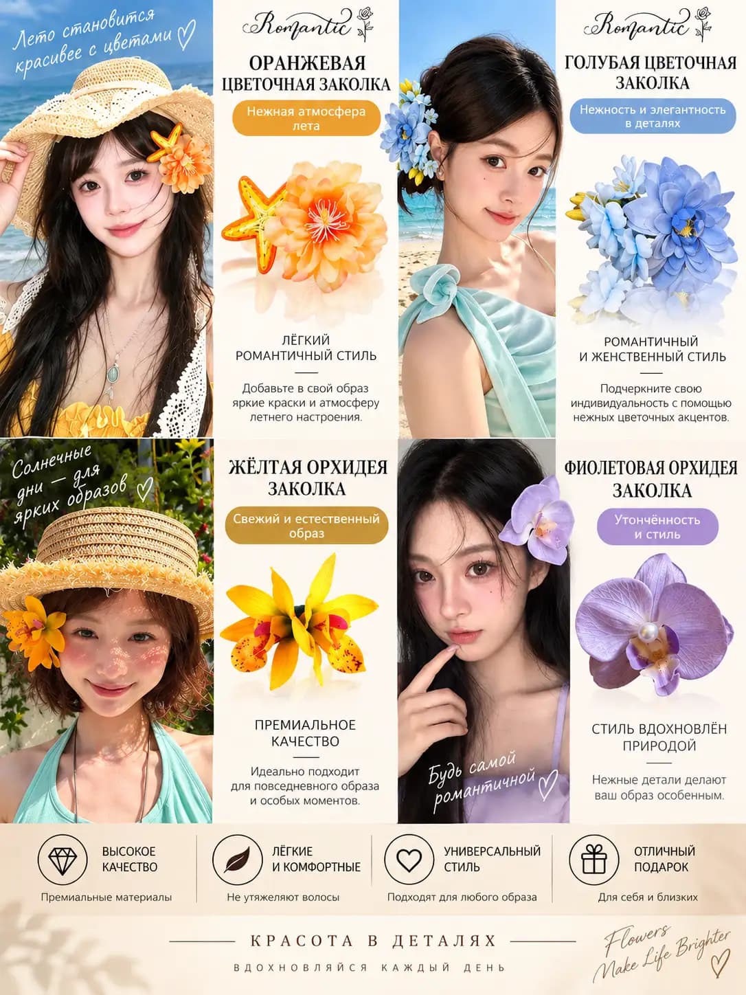 Women's hair clips and combs with floral pattern: handmade, mixed material, vacation style hair clips and combs
