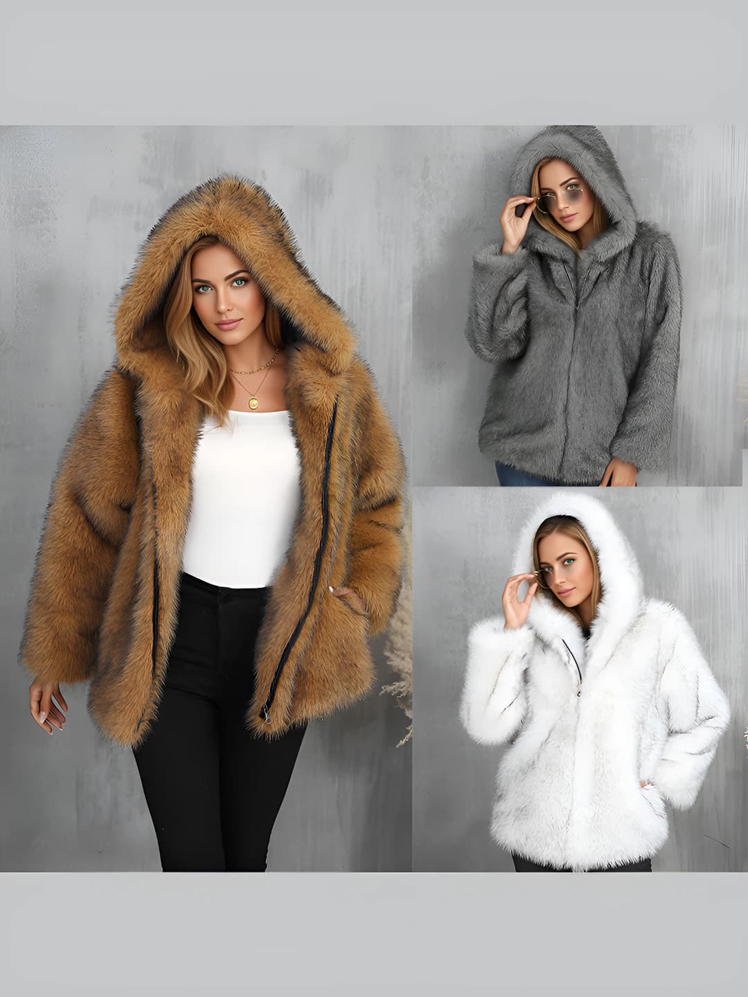 Women's warm winter cropped fur coat, loose fit, long sleeve, zip, solid colour