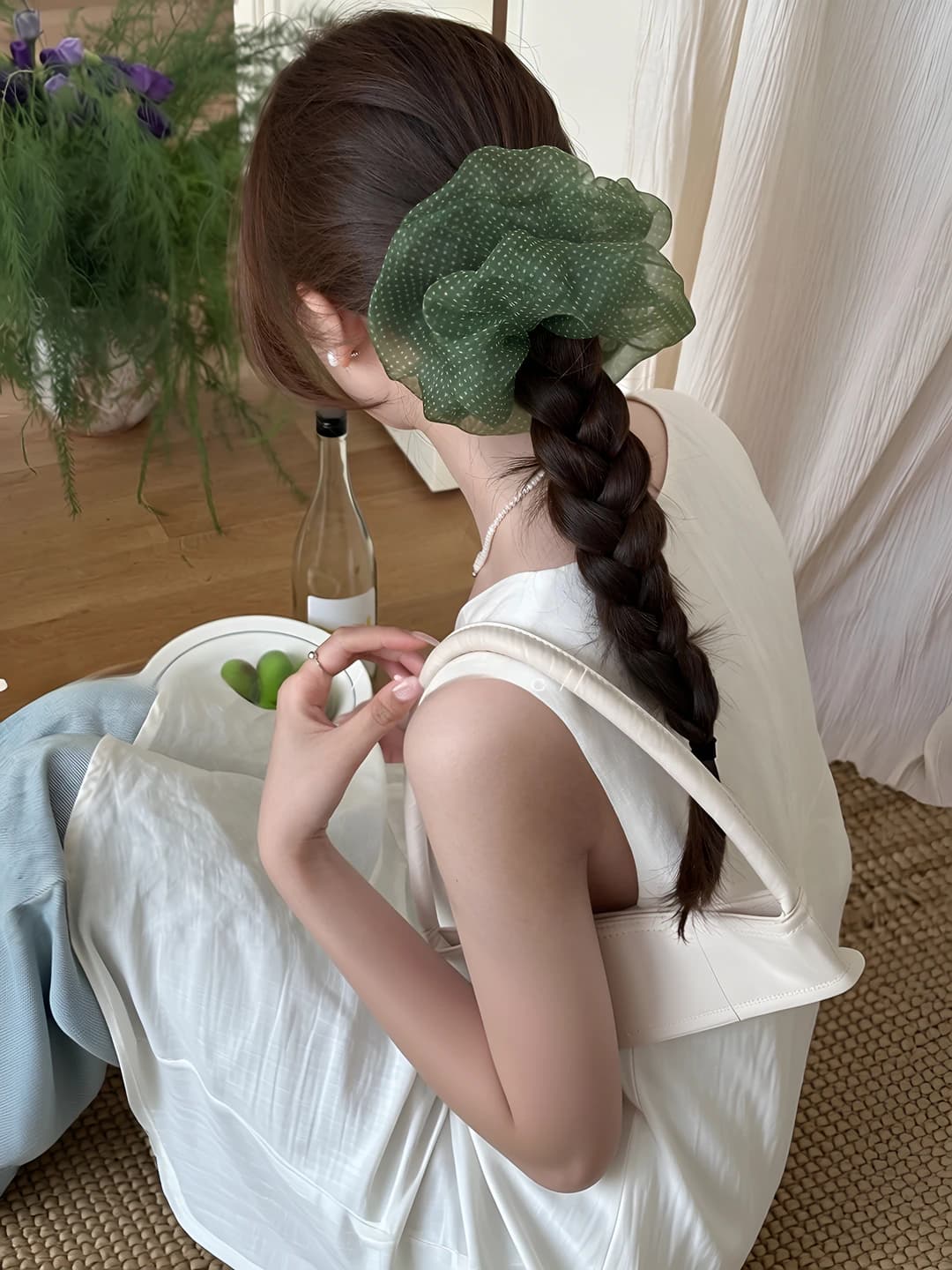 2# Grass green polka dot hair tie ~15cm