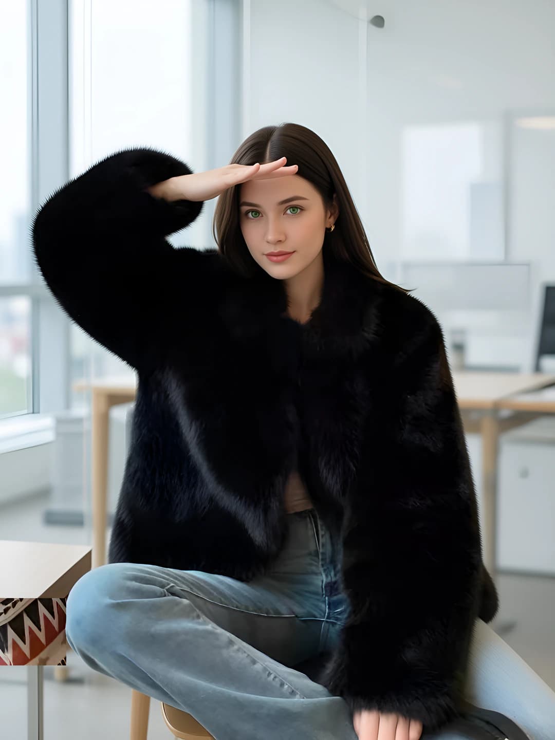 Women's winter faux fur coat, mid-length, stand collar, long sleeve, thickened, with fur collar