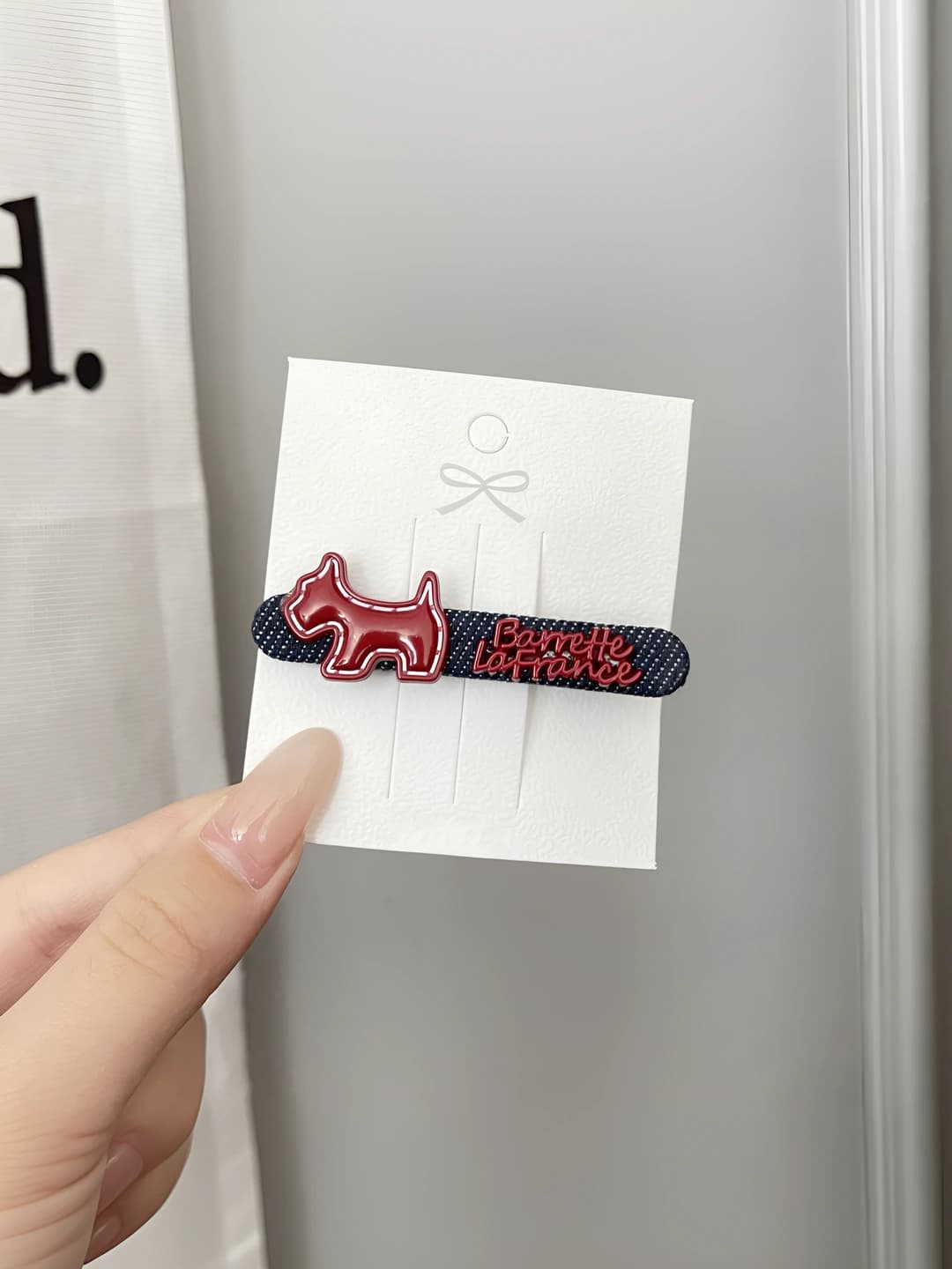 Red puppy denim hair clip