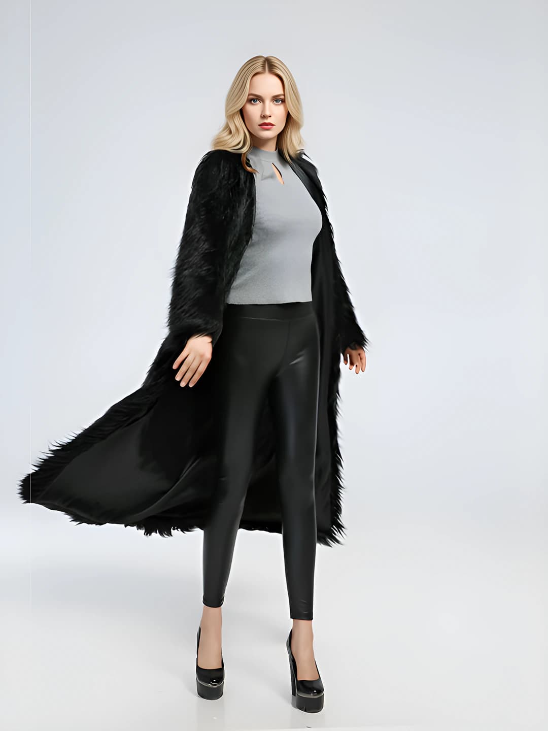 Women's long coat with crew neck, long sleeve, wool, street style, European and American style, sexy, faux fur