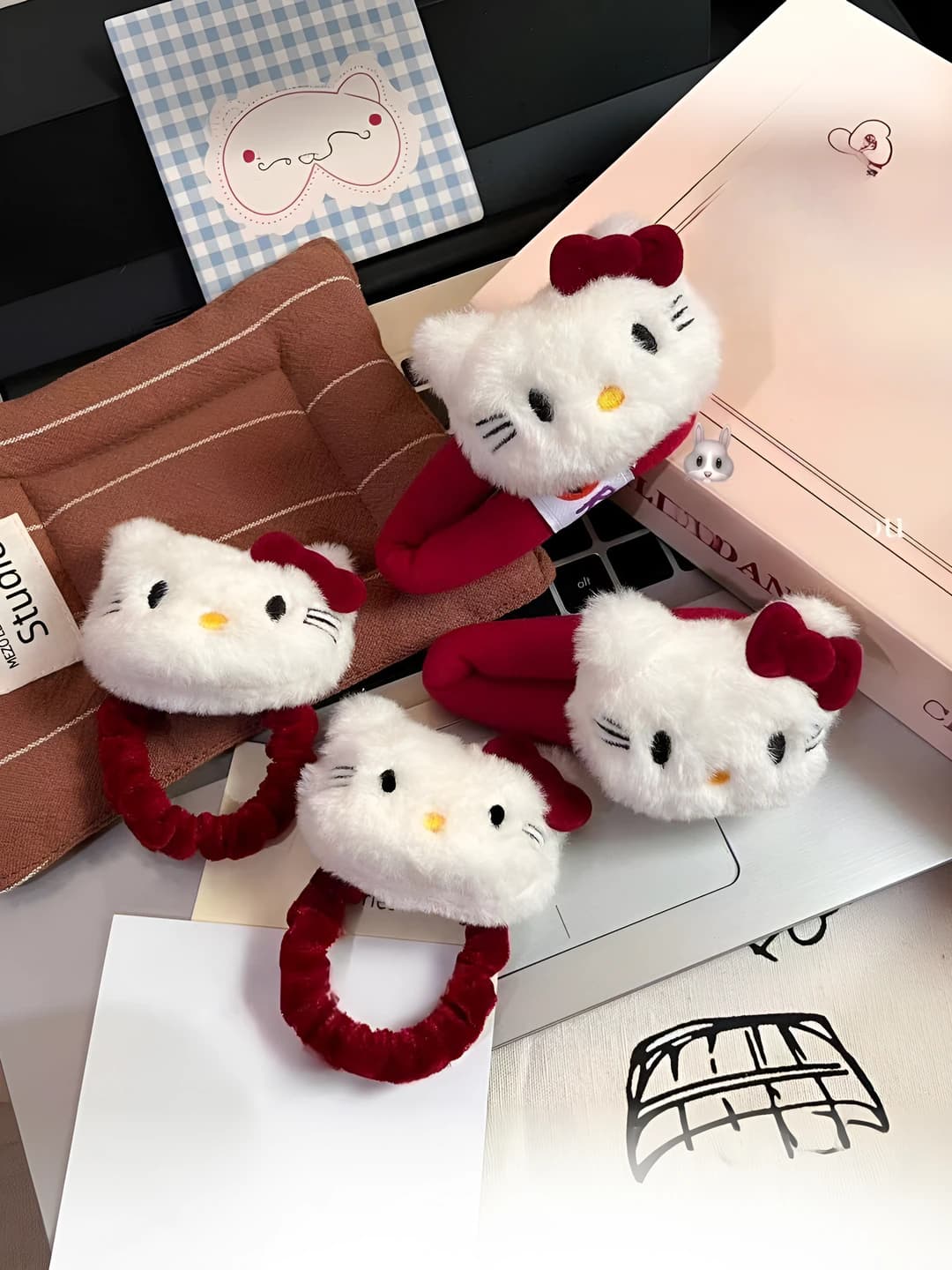 Women's Hello Kitty style plush hair tie, handmade, style: bow, design element: cat, style: cartoon