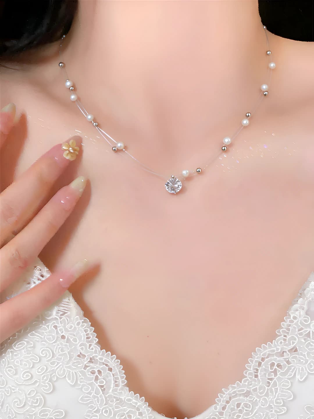 Women's two-layer collar necklace with pearls and zirconia pendant, 41-50 cm, 2.9 g