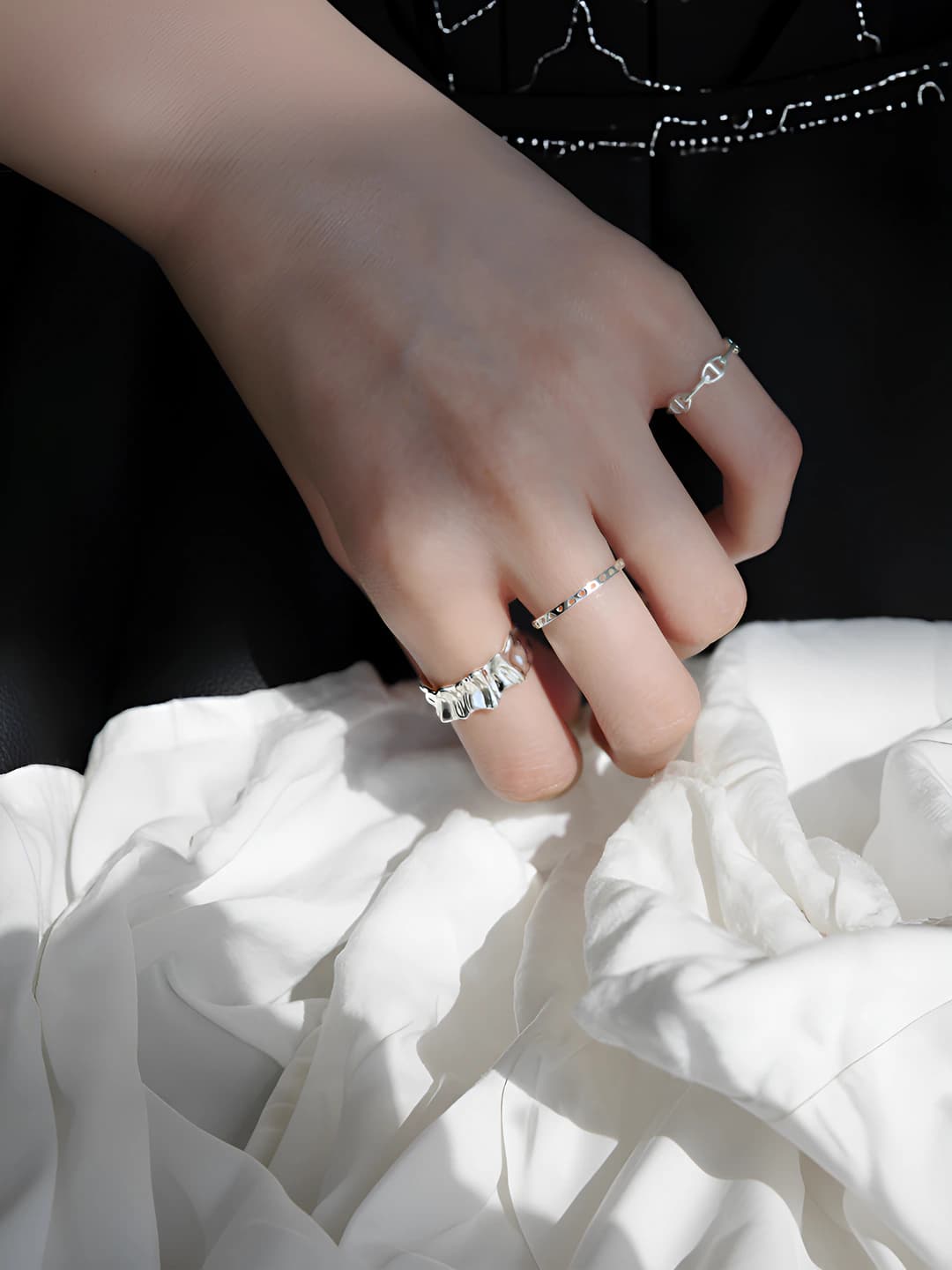 Women's silver wide pleated open ring, adjustable, geometric design element, ins style