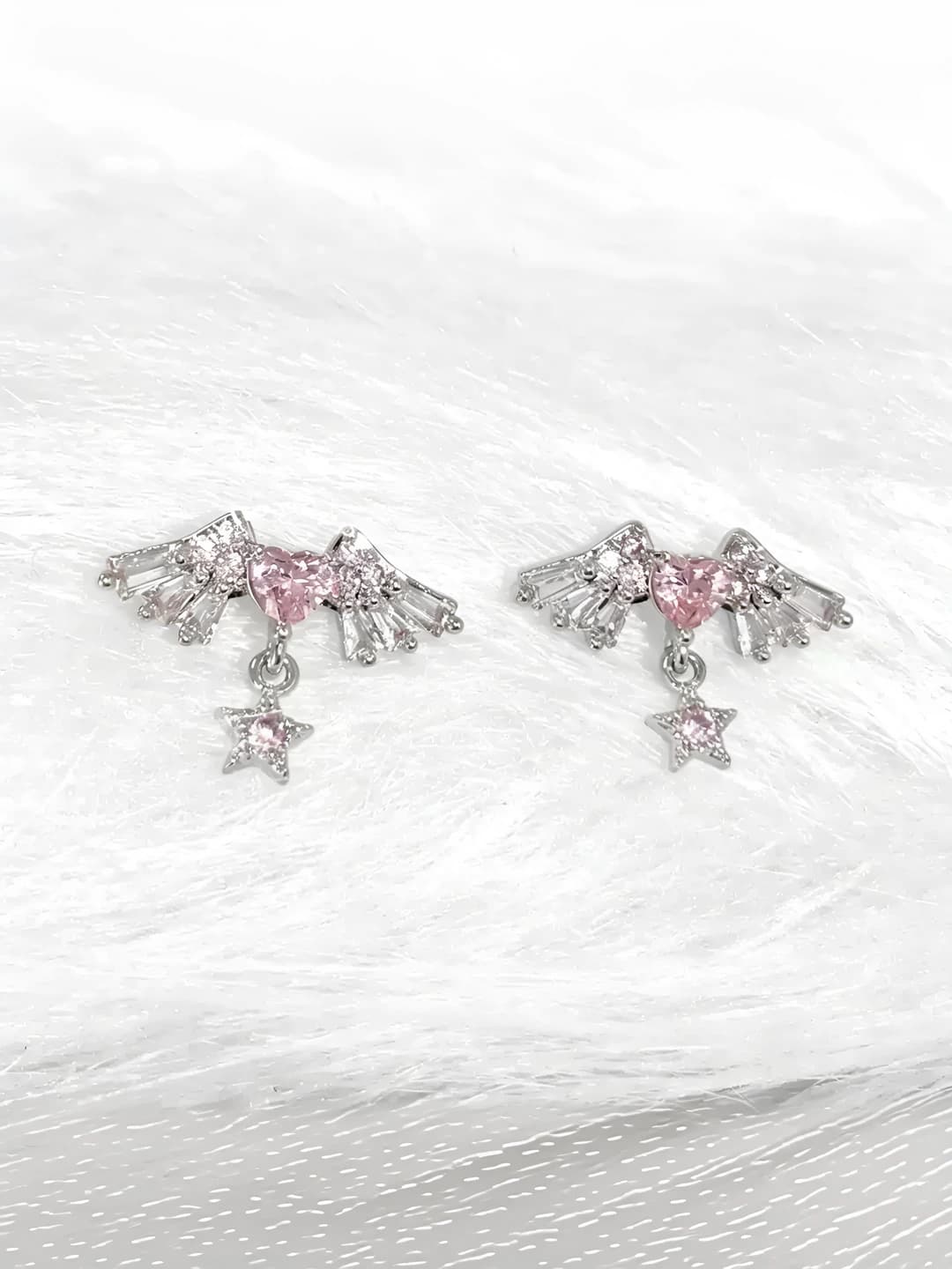 Women's 316L titanium steel ear cuff dangle earrings, pink heart and wings pendant, fully set with cubic zirconia