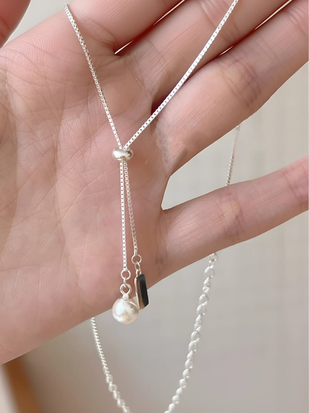 Women's pendant necklace: pearl, silver square, slide, geometric, ins style, 41-50 cm