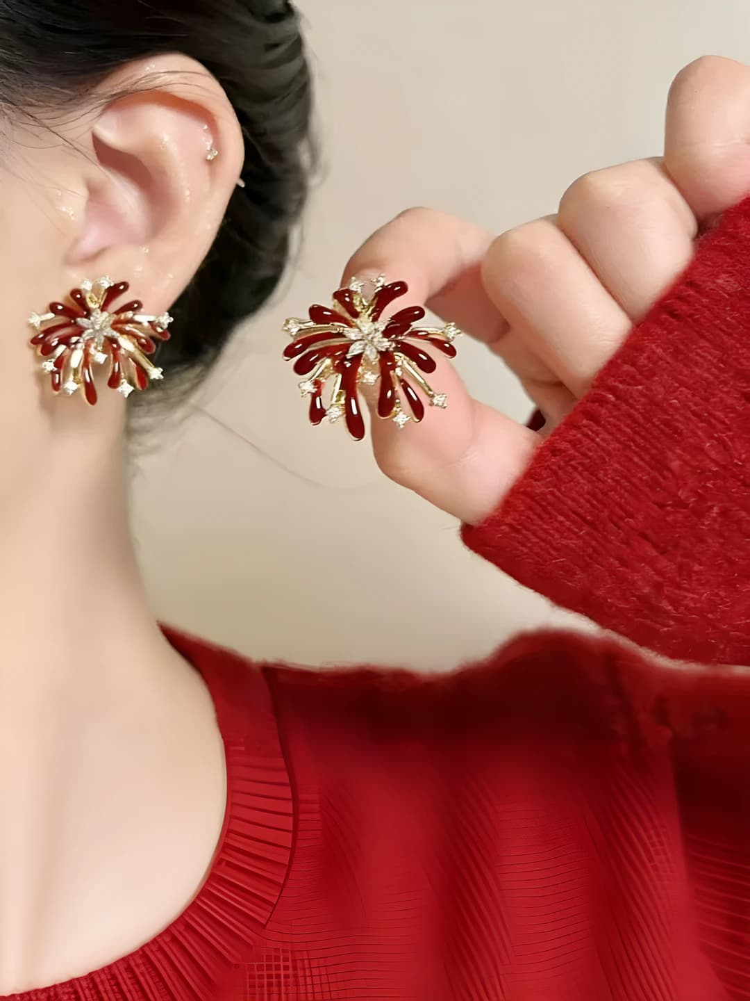 Women's red firework effect enamel zircon earrings for New Year 2026, fairy style