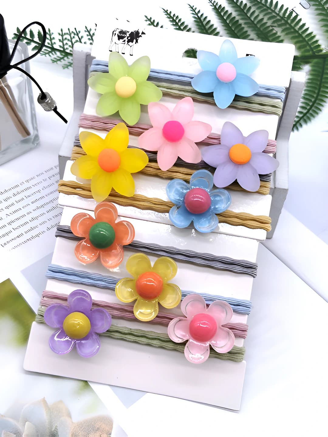 Women's stretch hair ties with floral design, Korean style, plastic/resin