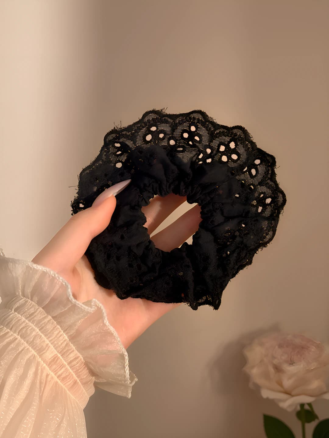 Black, embroidered lace