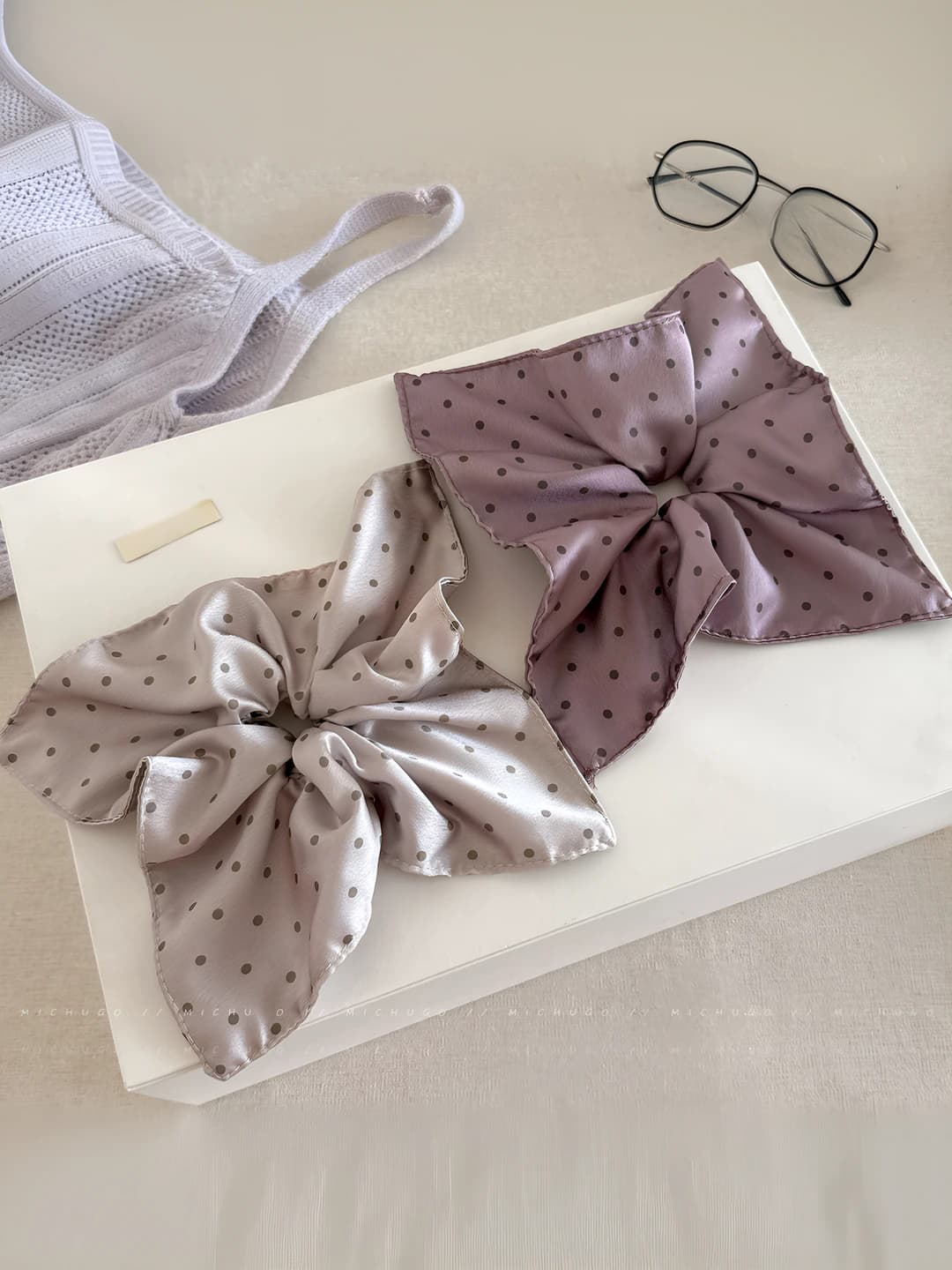 Women's satin polka-dot scrunchie hair tie, Korean style, high stretch, handmade, fresh and sweet style