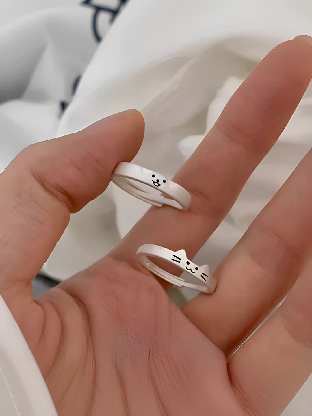 Cute cat and dog open couple rings set for men and women