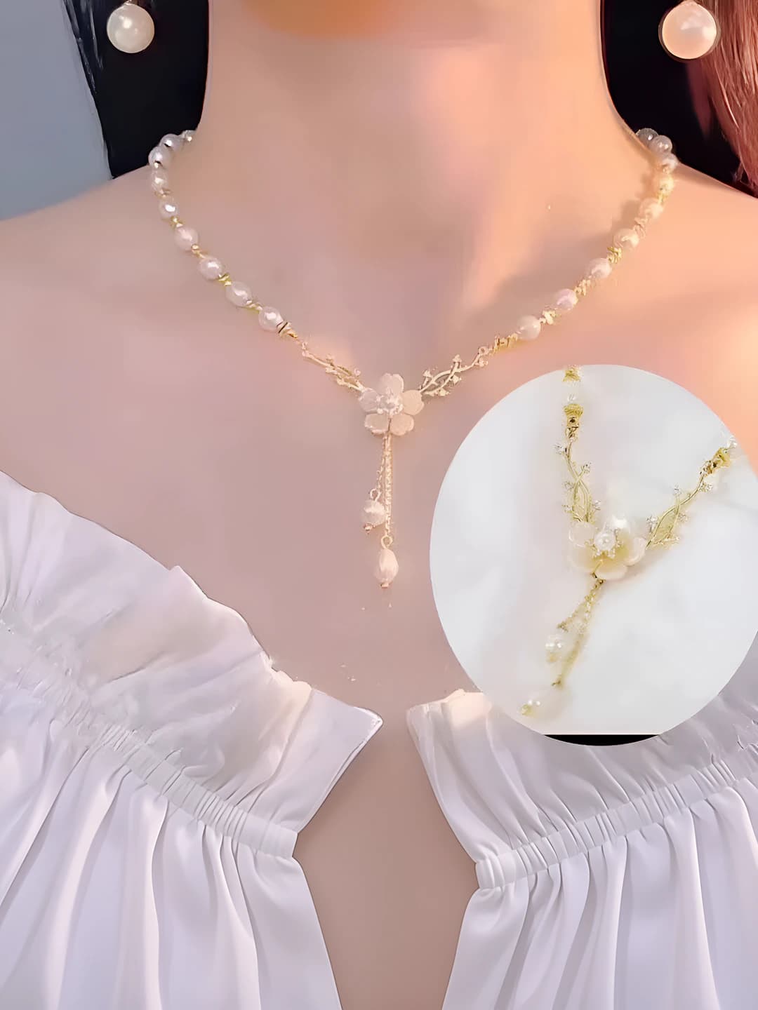 Women's pearl beaded necklace with flower pendant, 2026, OL style elegant pearl chain